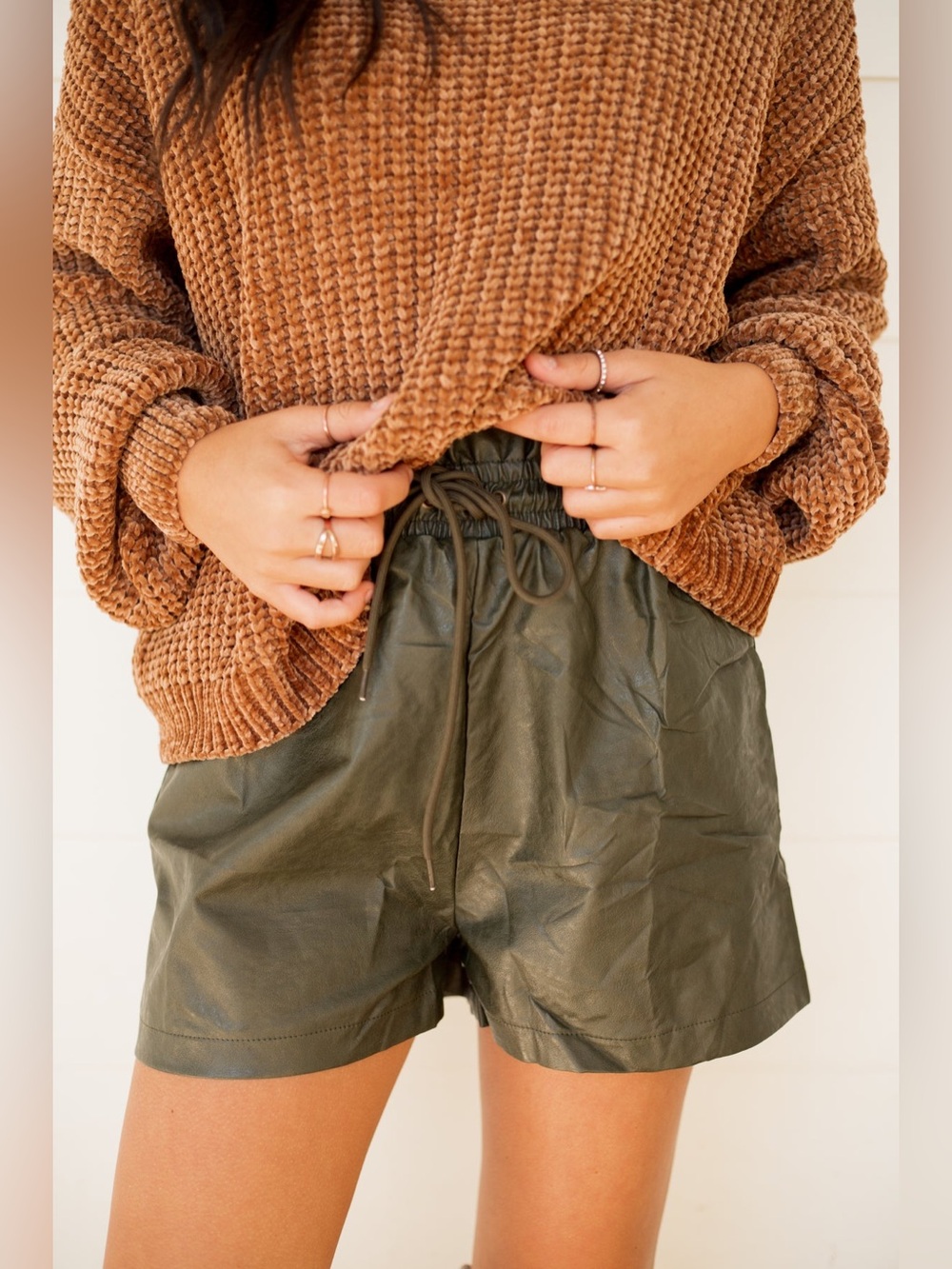 Judith March Olive Green Drawstring Faux Leather Shorts